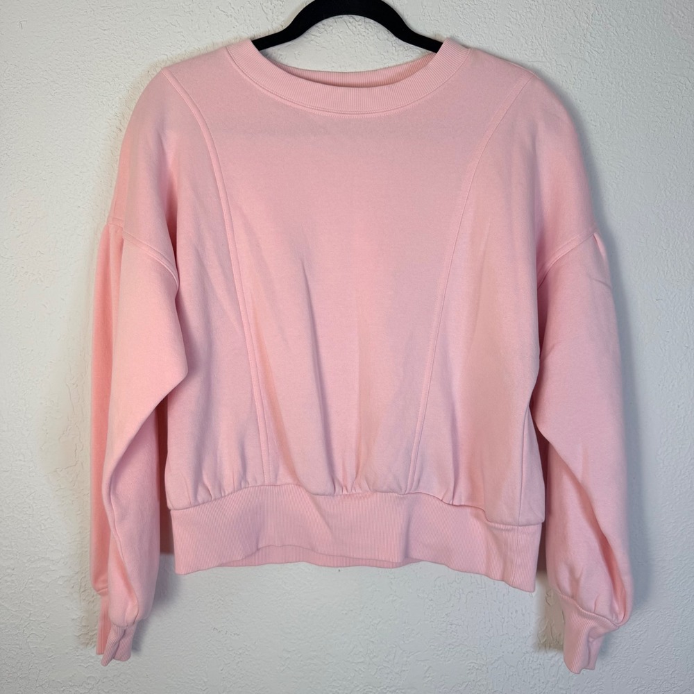 LOFT Womens M Pink Seamed Balloon Sleeve Cropped Fleece Sweatshirt Minimalist